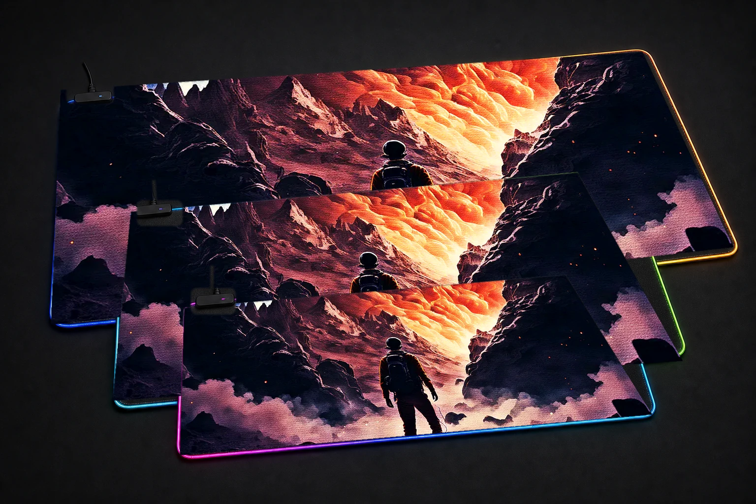 Space Full Color RGB Desk Mat three-size comparison