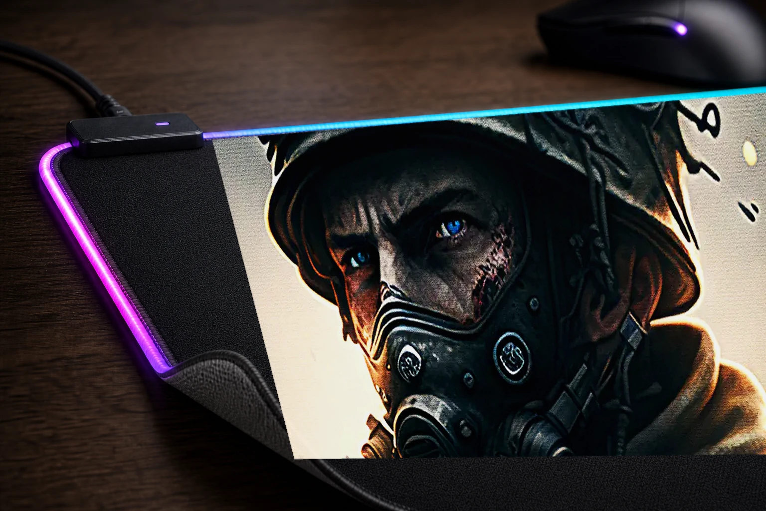 Portrait of a war soldier RGB Desk Mat controller and material detail