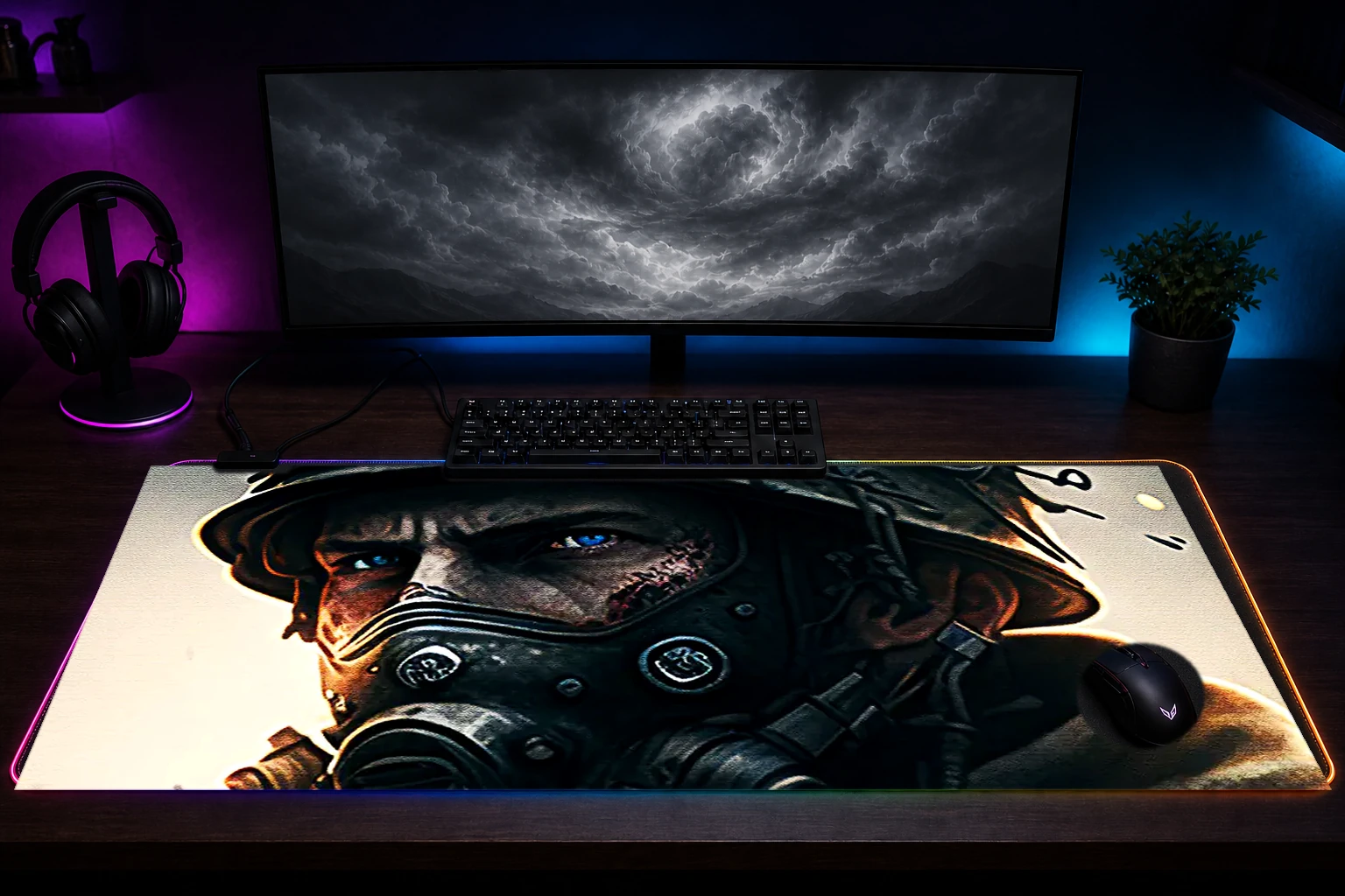Portrait of a war soldier RGB Desk Mat immersive setup scene