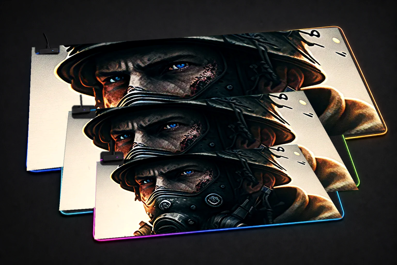 Portrait of a war soldier RGB Desk Mat three-size comparison
