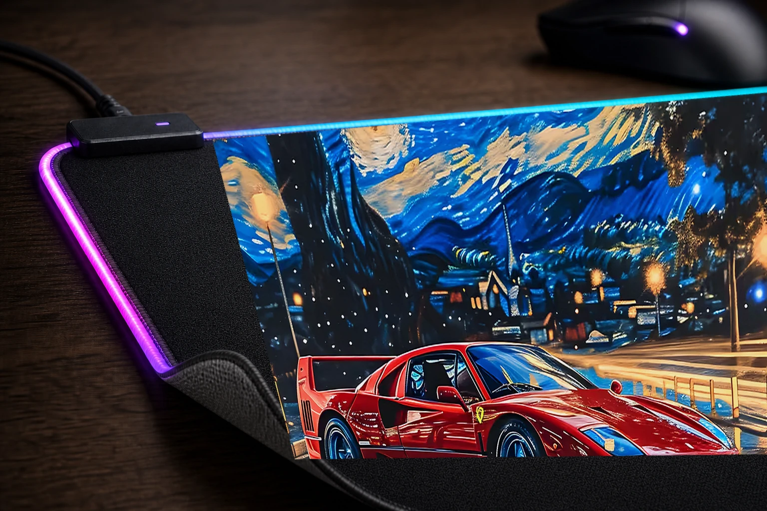 Ferrari F40 Starry Night RGB Desk Mat controller and material detail
