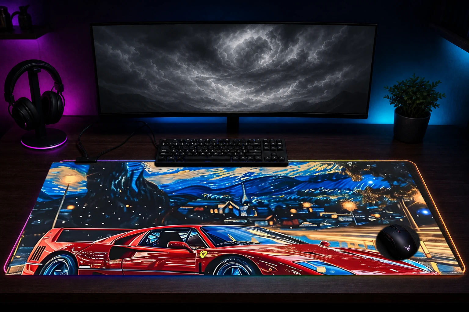 Ferrari F40 Starry Night RGB Desk Mat immersive setup scene