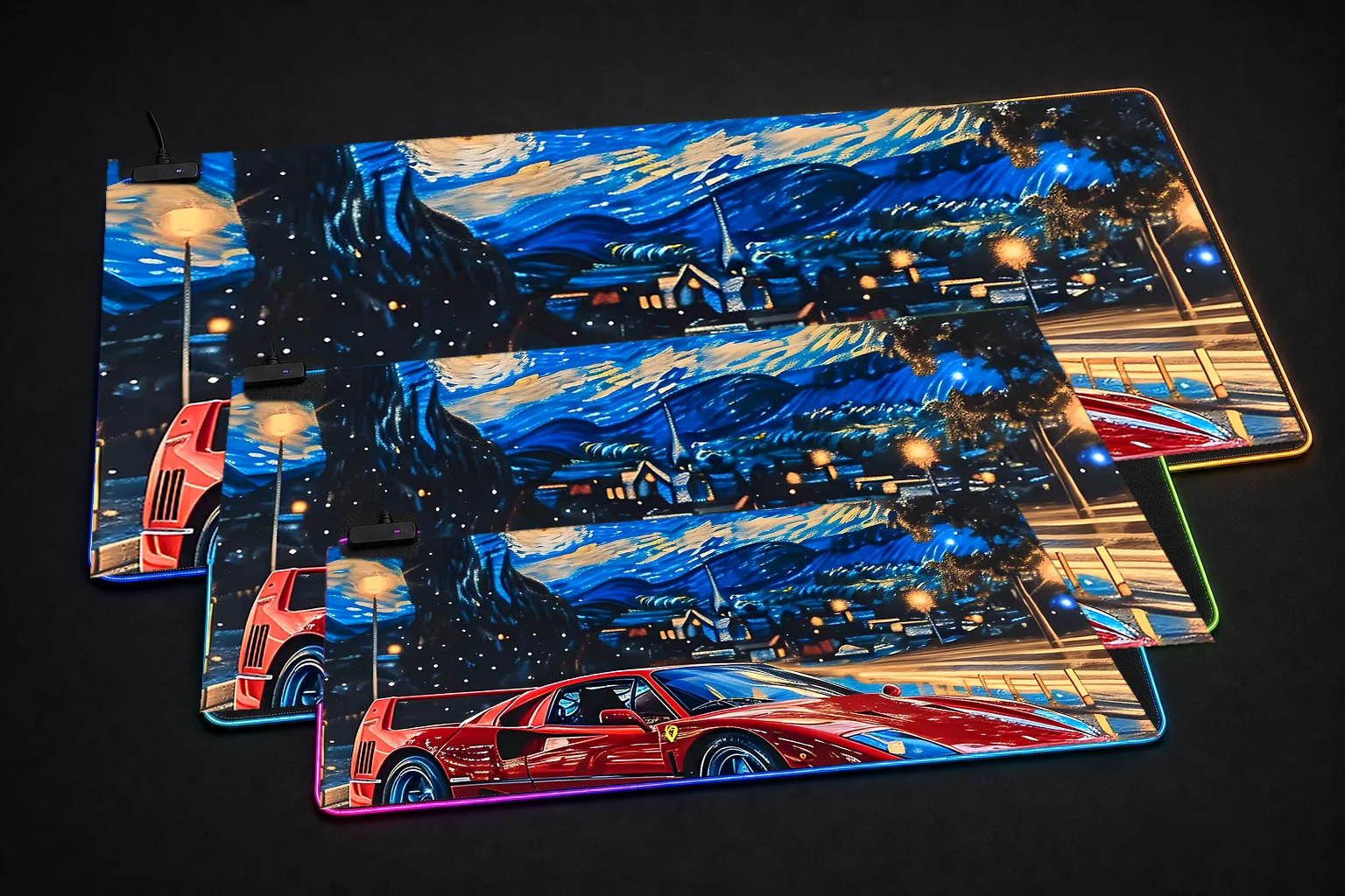 Ferrari F40 Starry Night RGB Desk Mat three-size comparison