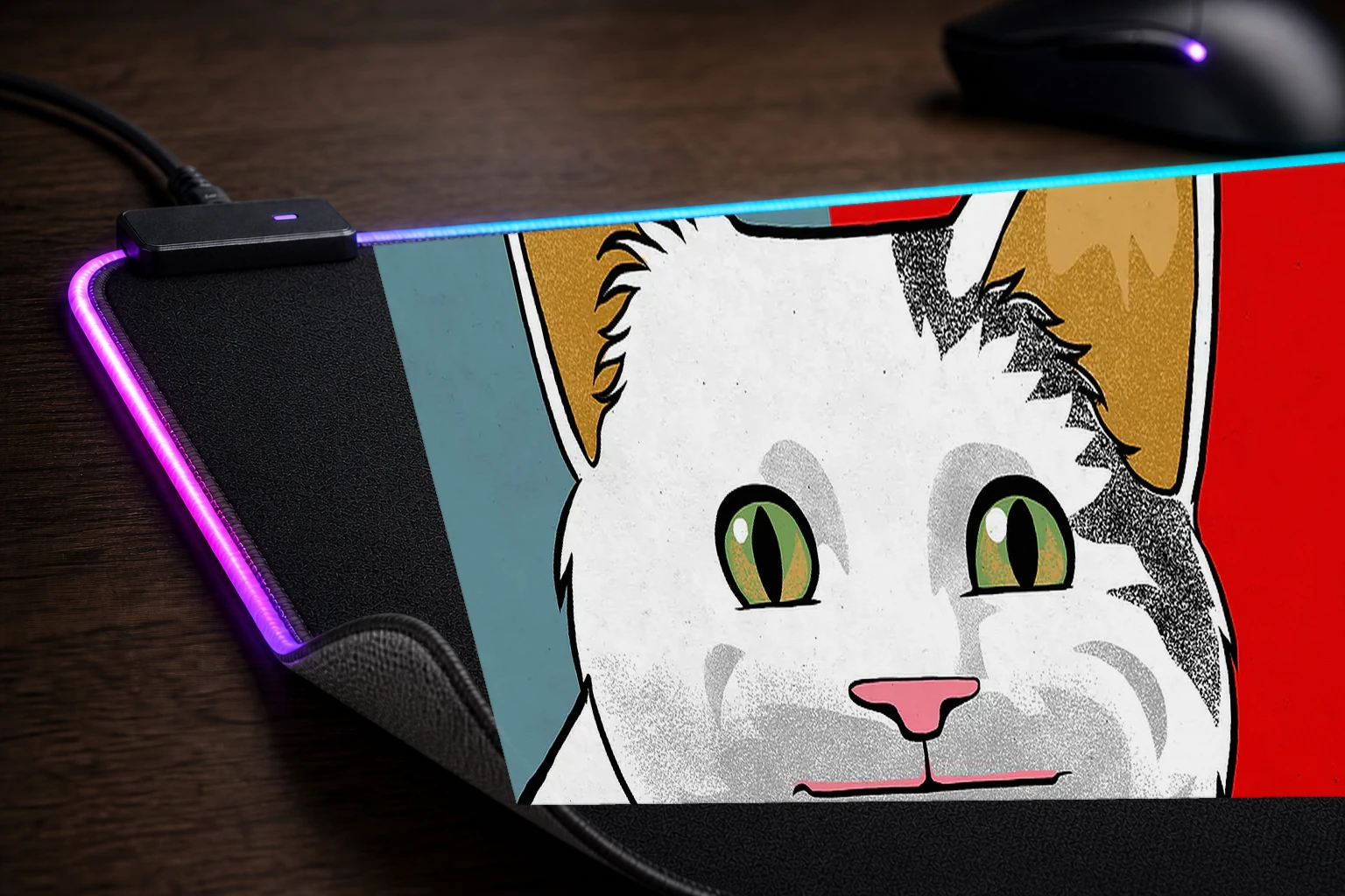 Ollie the Cat Meme RGB Desk Mat controller and material detail