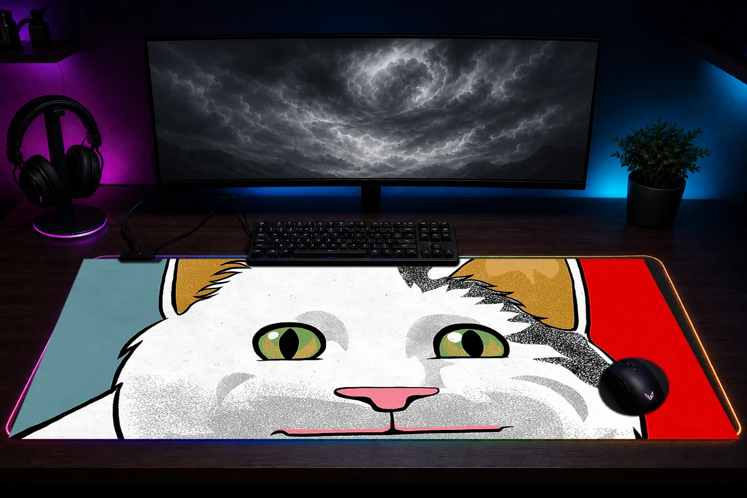 Ollie the Cat Meme RGB Desk Mat immersive setup scene
