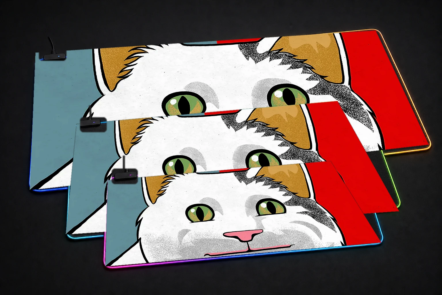 Ollie the Cat Meme RGB Desk Mat three-size comparison