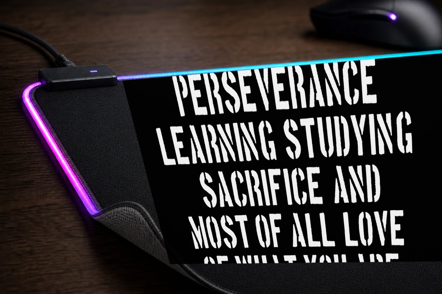Pele Quote: Success is No Accident RGB Desk Mat controller and material detail