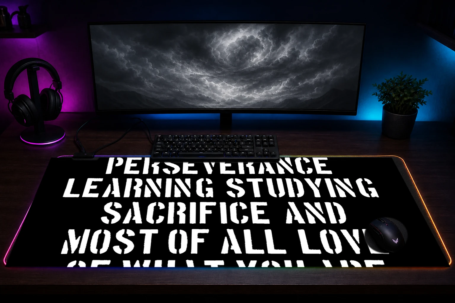 Pele Quote: Success is No Accident RGB Desk Mat immersive setup scene