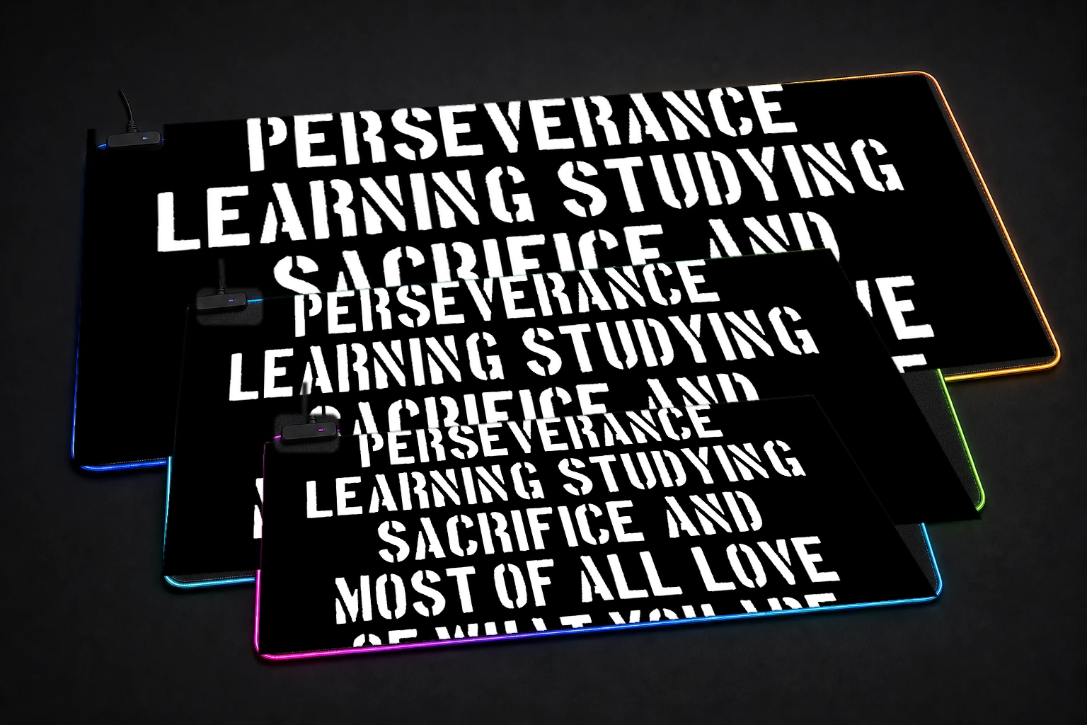 Pele Quote: Success is No Accident RGB Desk Mat three-size comparison