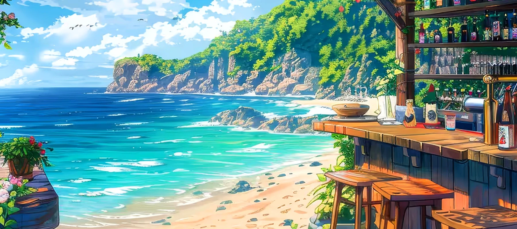 Beach Bar Sea Summer Anime RGB Desk Mat full-width design preview