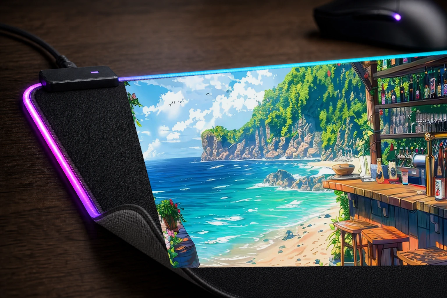 Beach Bar Sea Summer Anime RGB Desk Mat controller and material detail