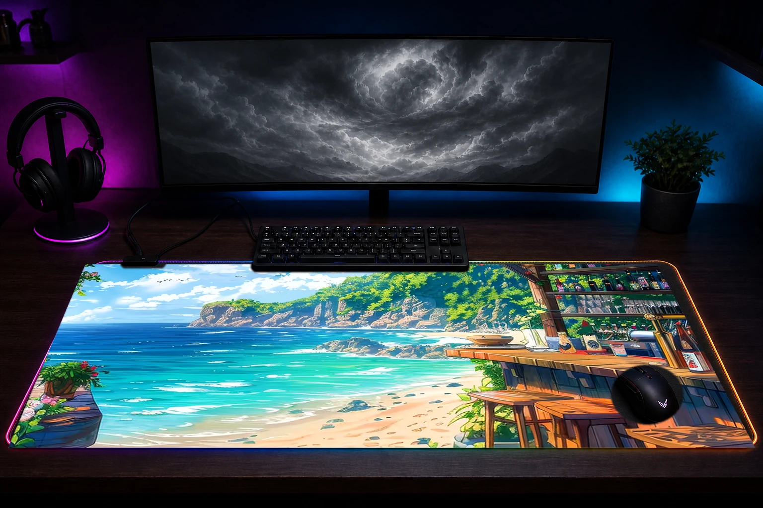 Beach Bar Sea Summer Anime RGB Desk Mat immersive setup scene