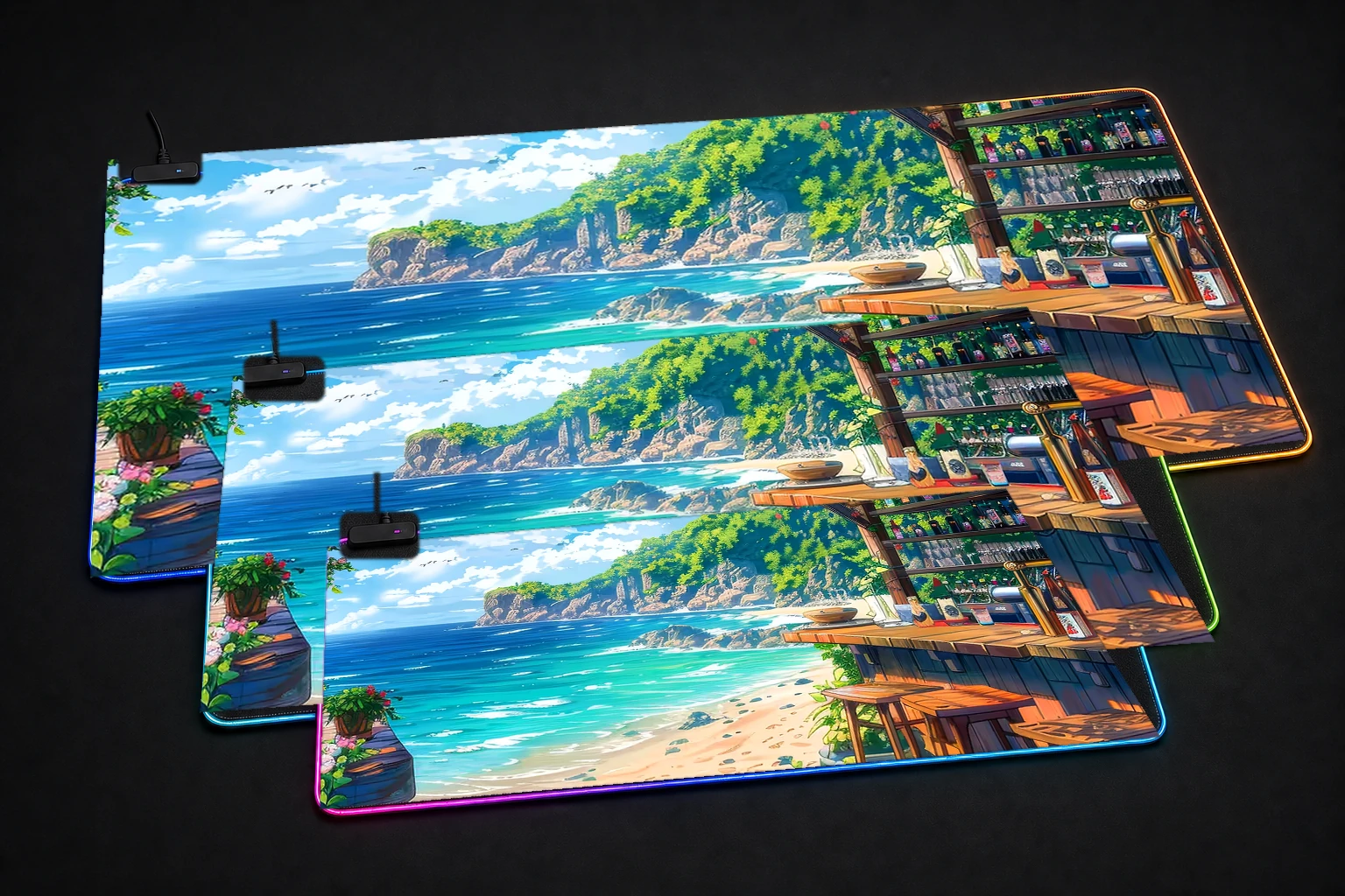 Beach Bar Sea Summer Anime RGB Desk Mat three-size comparison