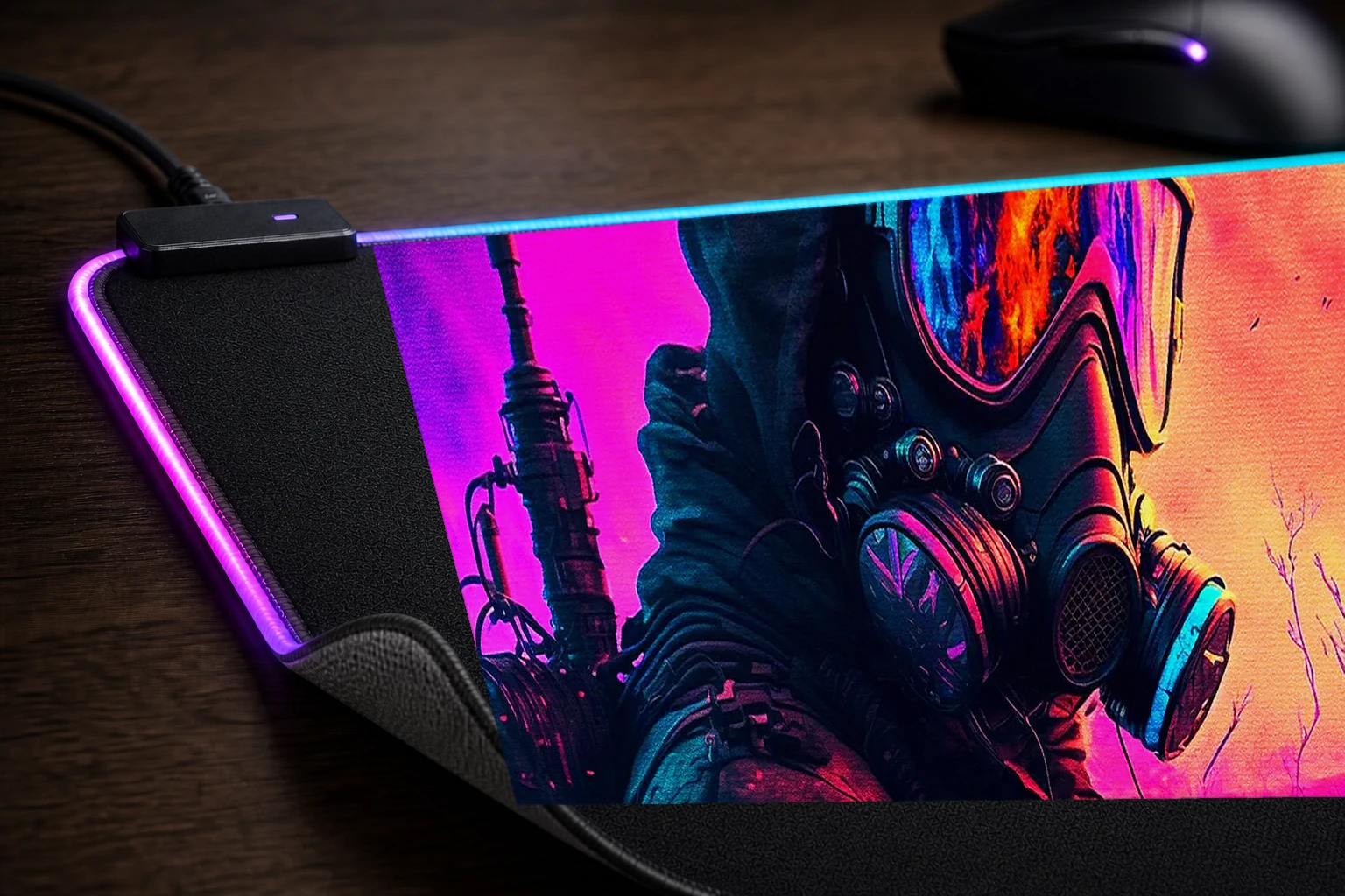 Colorful fantasy realm RGB Desk Mat controller and material detail