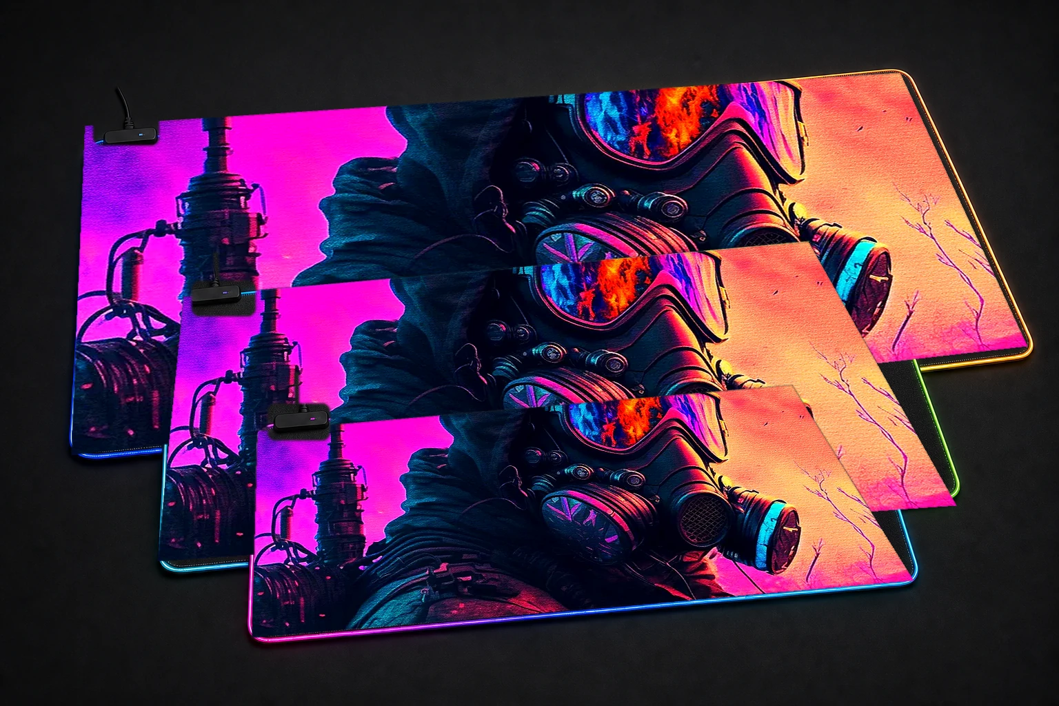 Colorful fantasy realm RGB Desk Mat three-size comparison