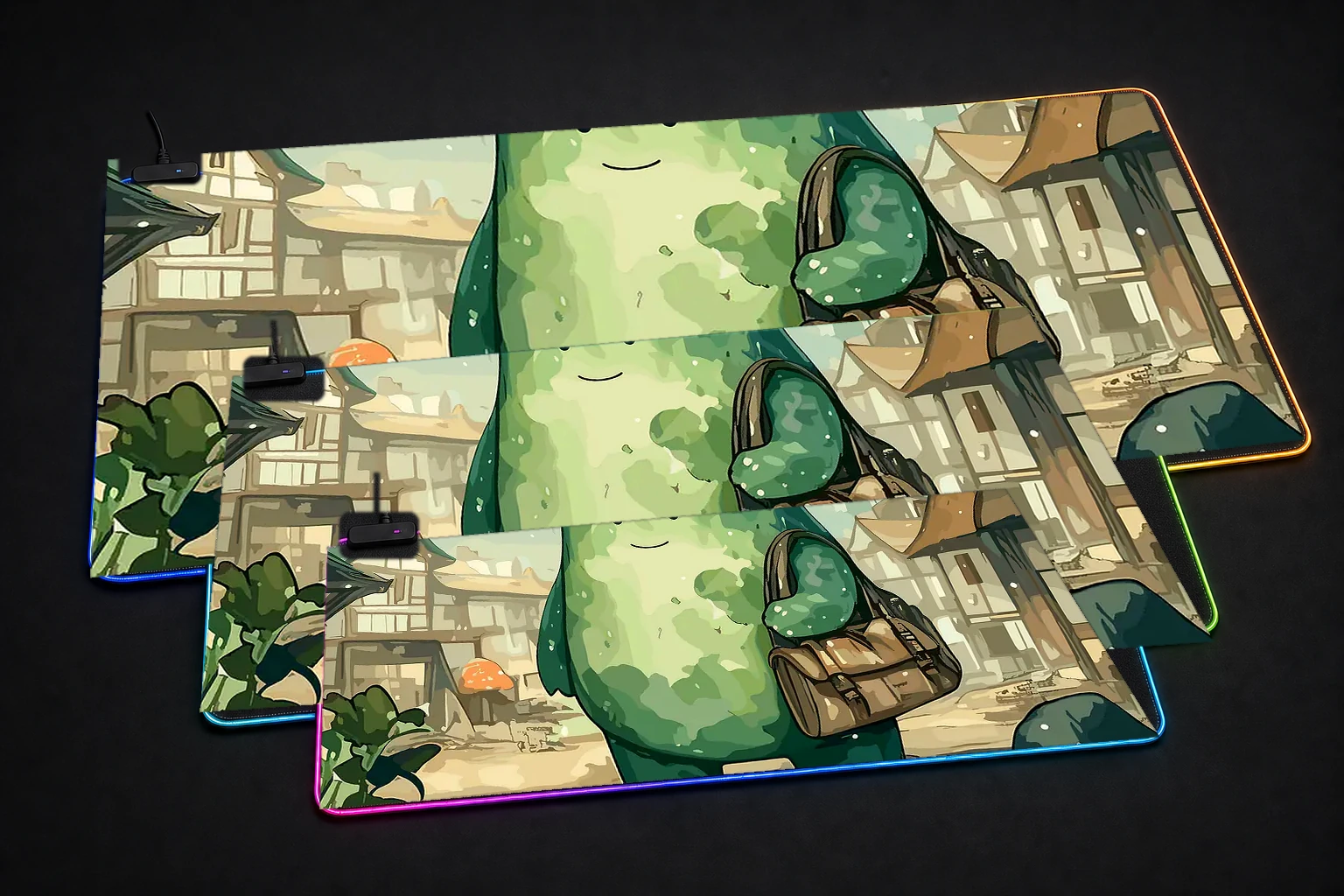 Broccoli Adventure RGB Desk Mat three-size comparison