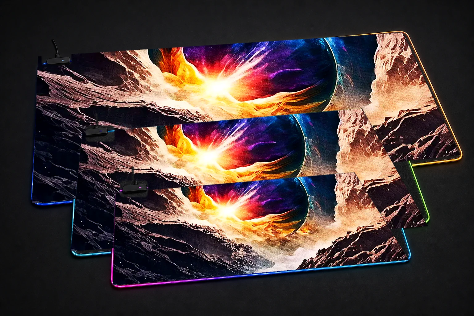 The End Of Time RGB Desk Mat three-size comparison