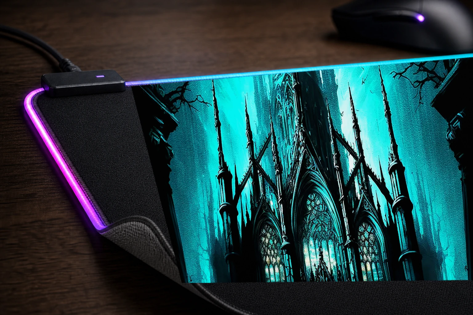 The impressive Gloom RGB Desk Mat controller and material detail