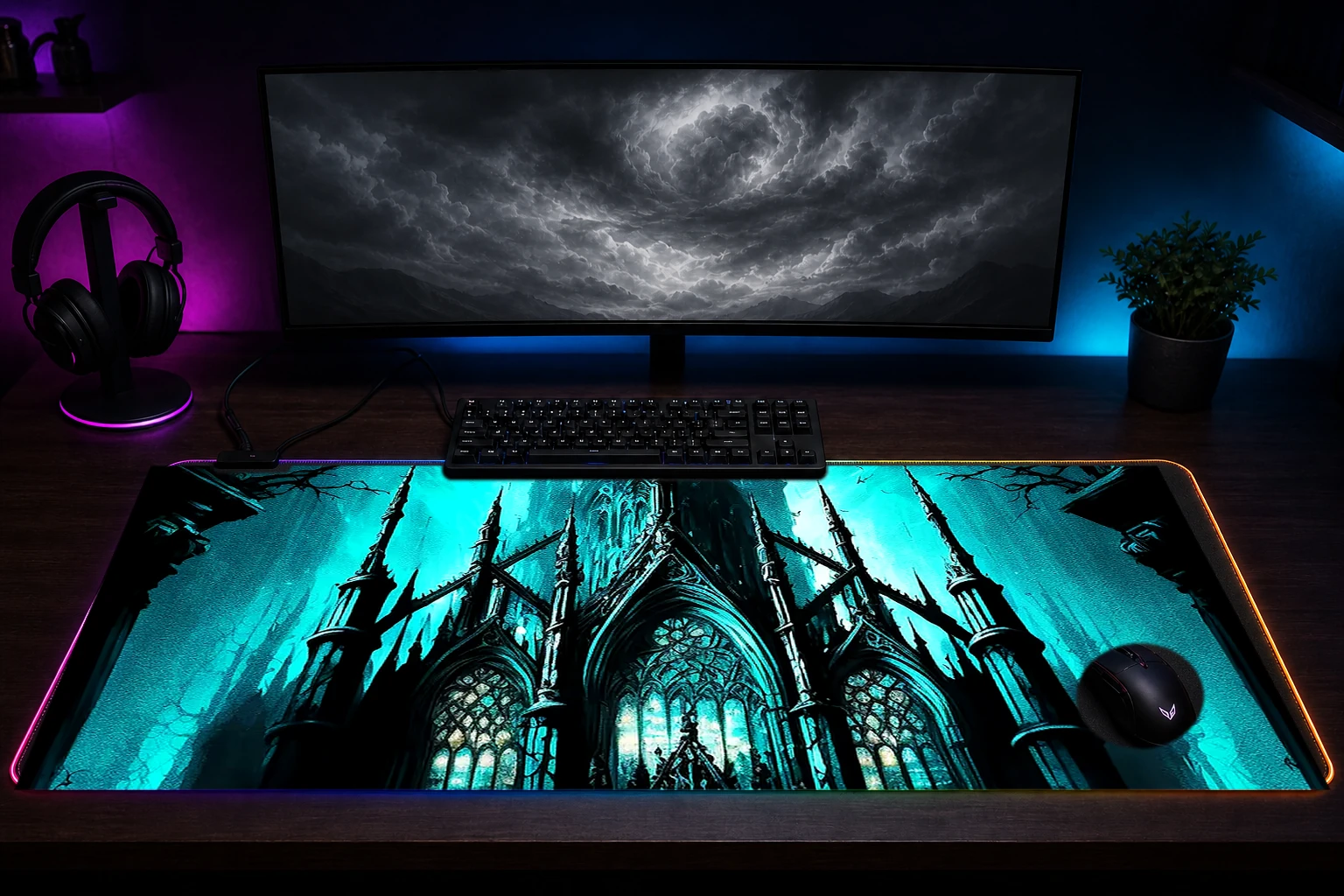 The impressive Gloom RGB Desk Mat immersive setup scene