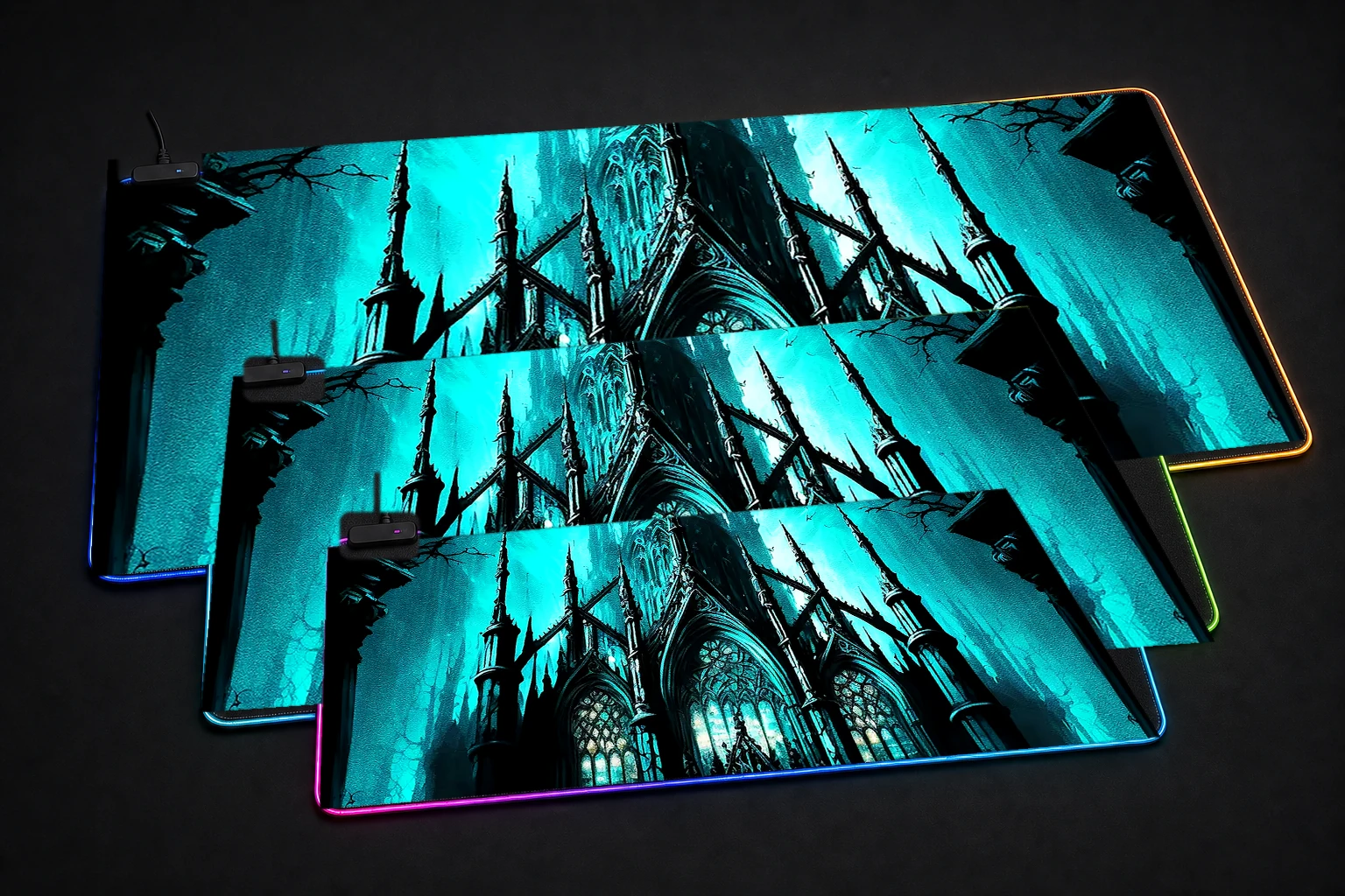 The impressive Gloom RGB Desk Mat three-size comparison
