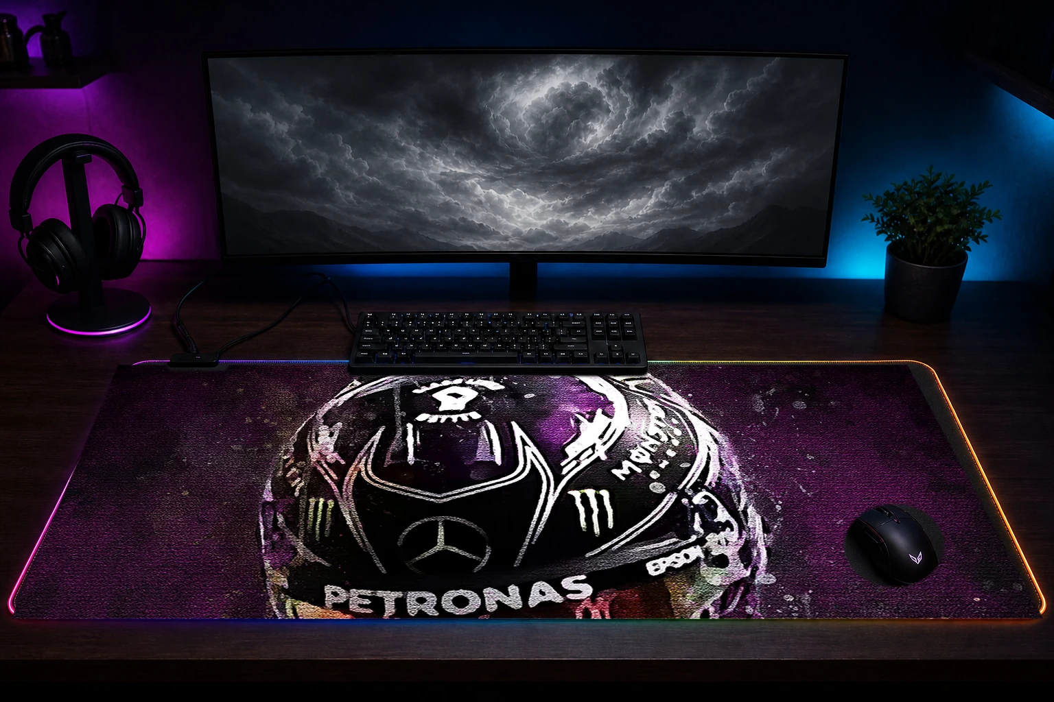 Black Driver Lewis RGB Desk Mat immersive setup scene