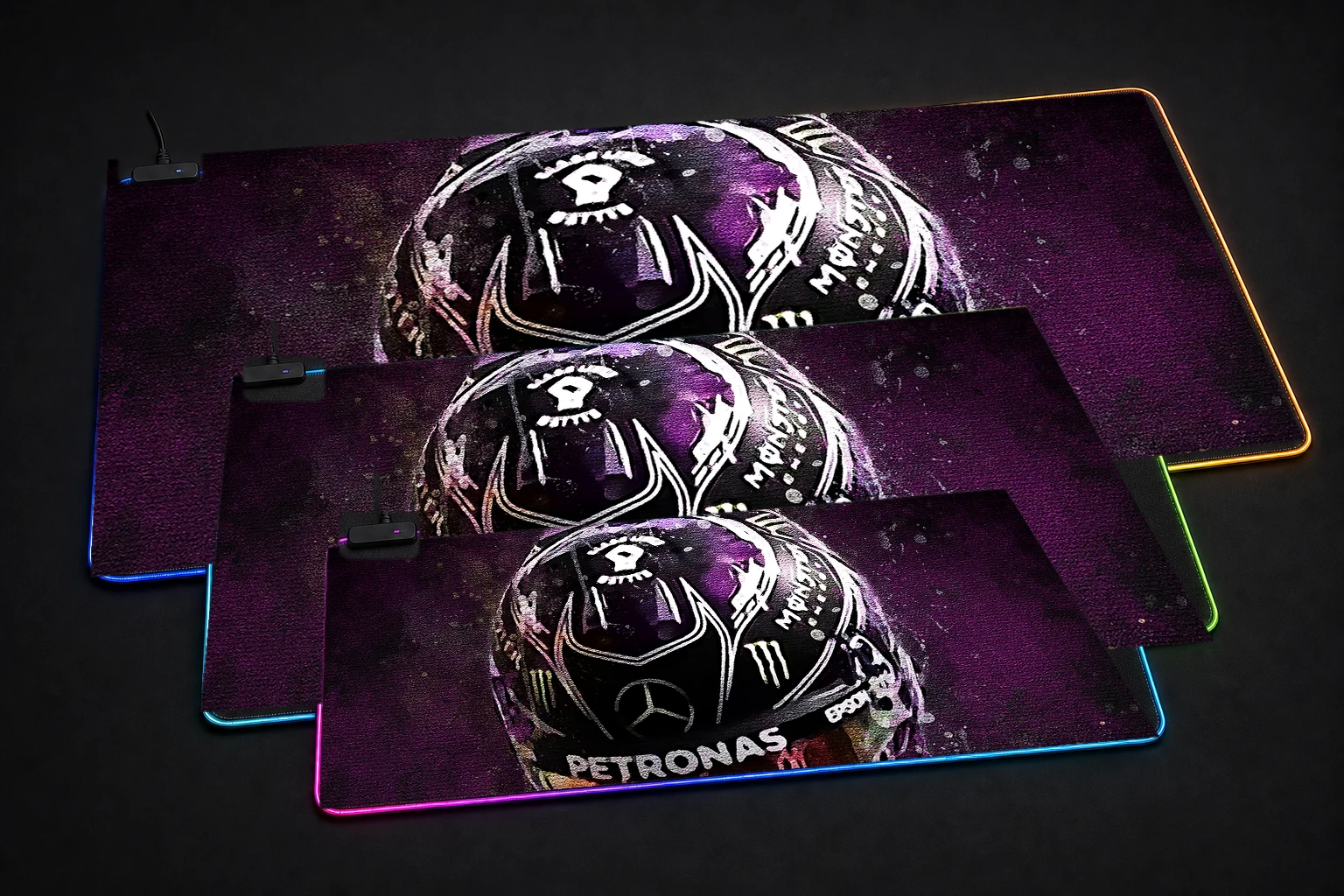 Black Driver Lewis RGB Desk Mat three-size comparison