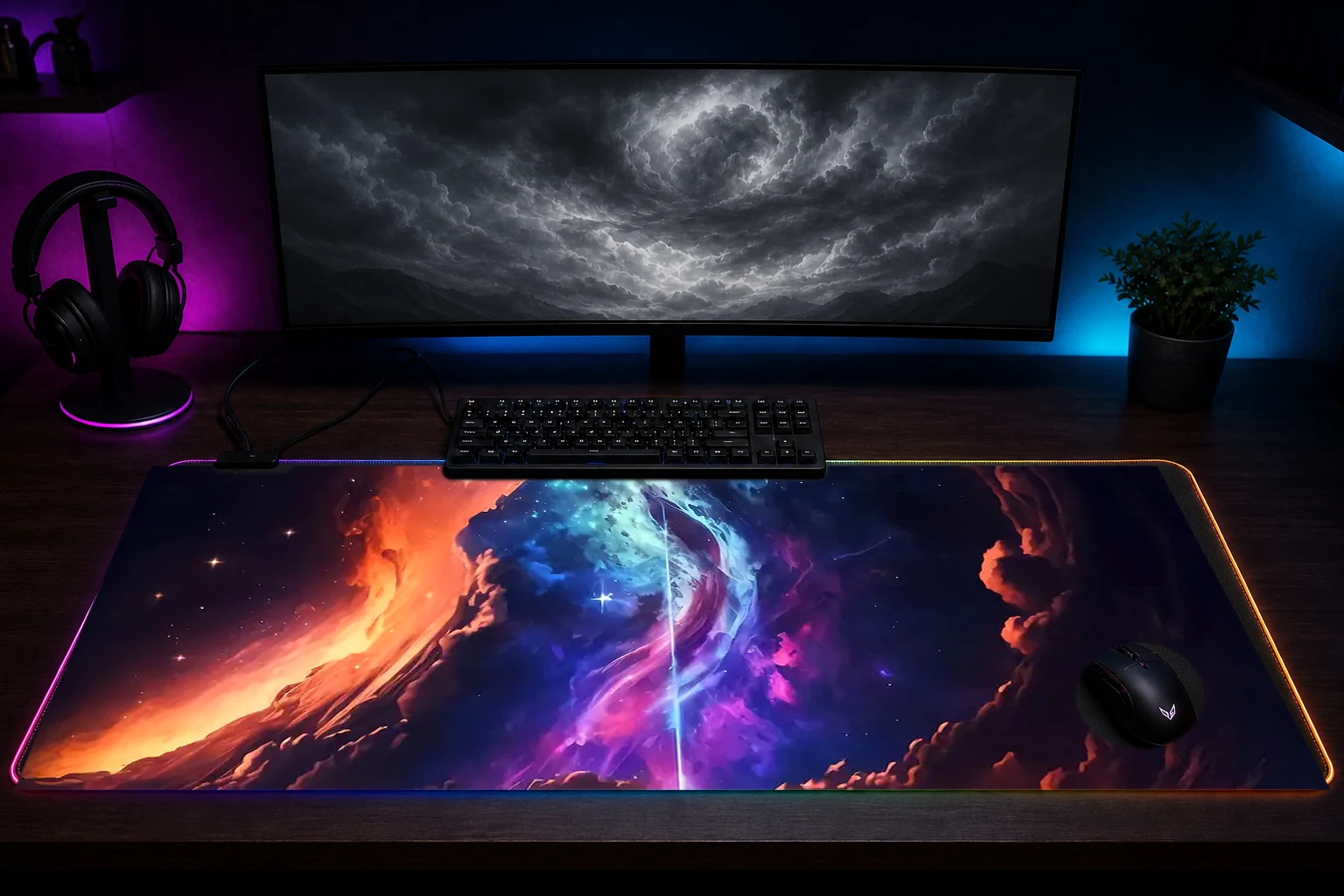 Cosmic Heaven RGB Desk Mat immersive setup scene