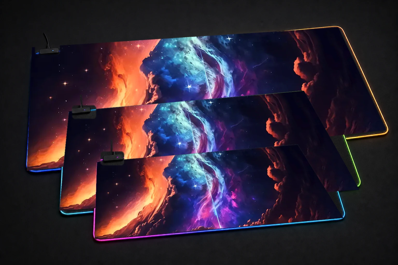 Cosmic Heaven RGB Desk Mat three-size comparison