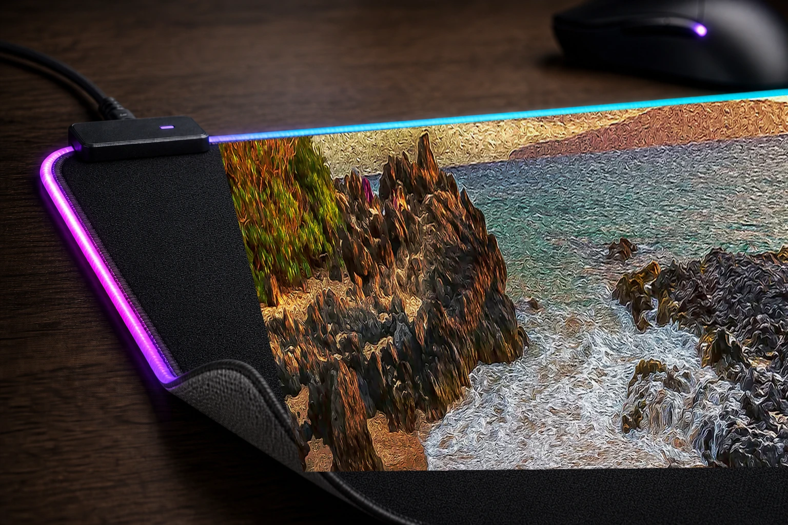 Beautiful View RGB Desk Mat controller and material detail