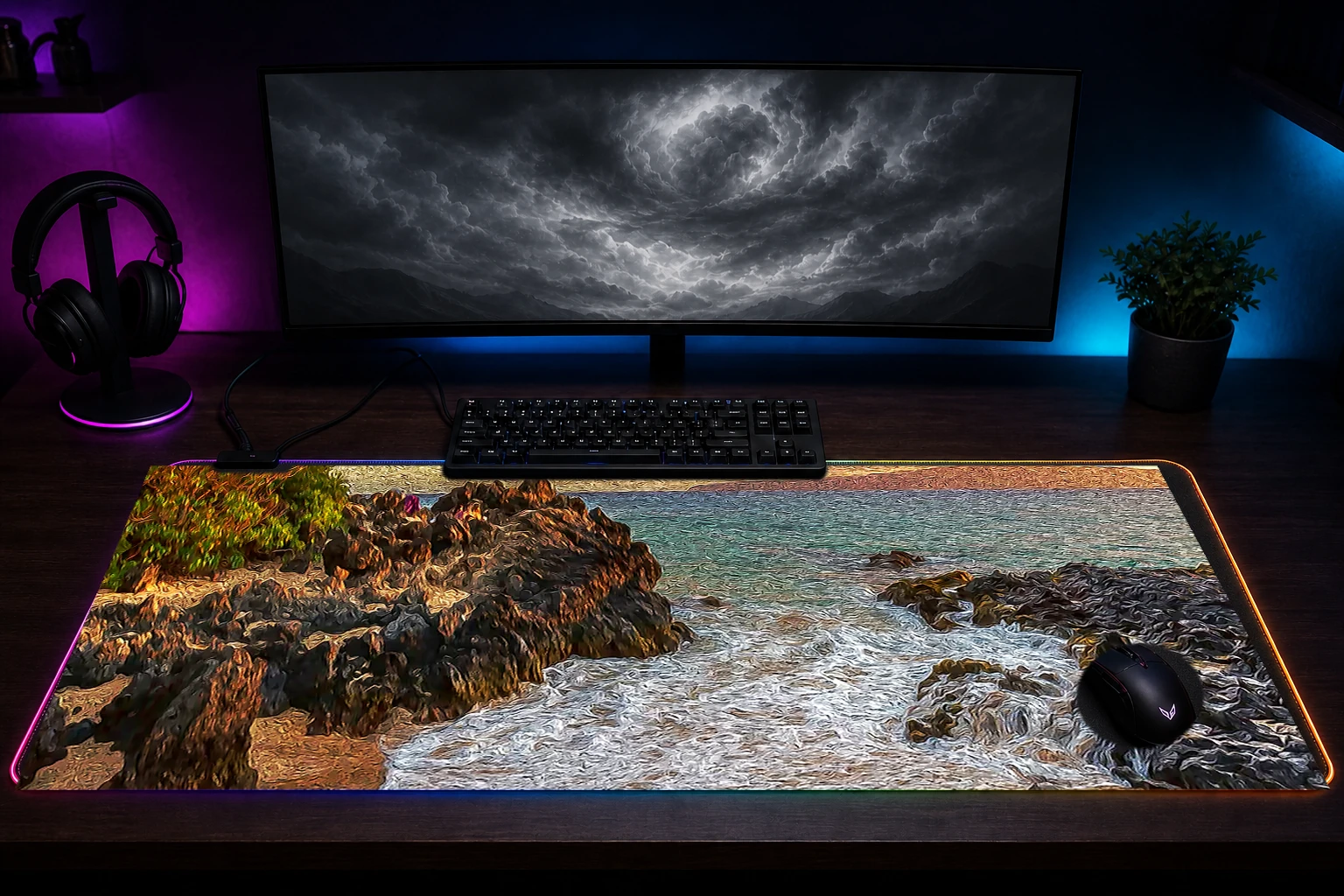 Beautiful View RGB Desk Mat immersive setup scene
