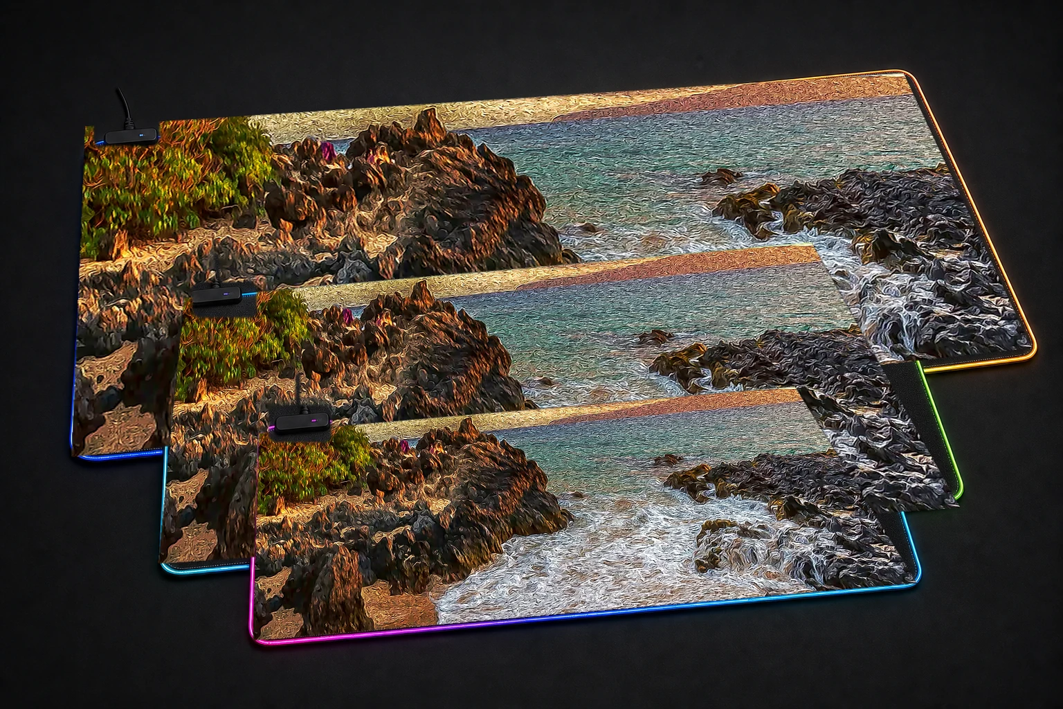Beautiful View RGB Desk Mat three-size comparison