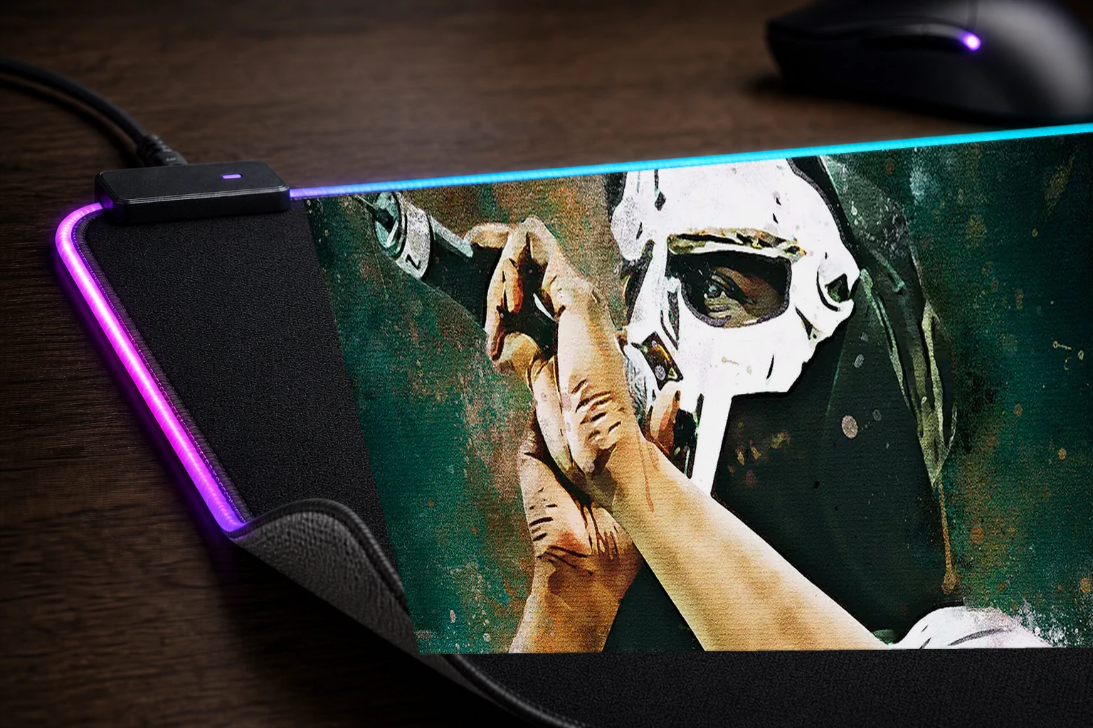 Splatter in Mask Music RGB Desk Mat controller and material detail