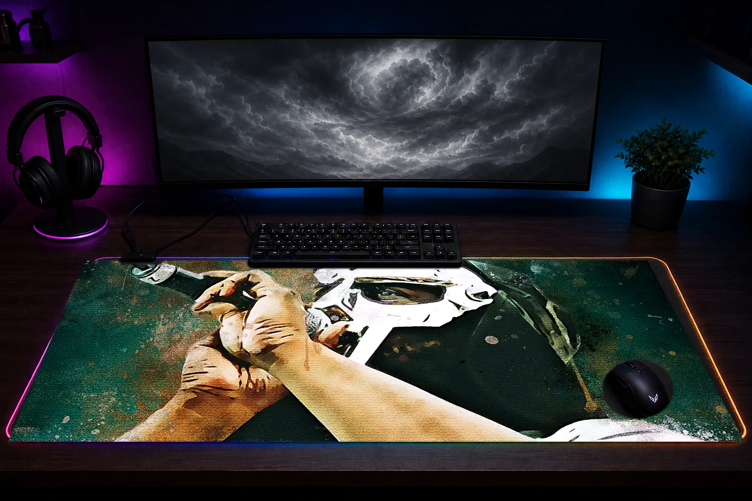 Splatter in Mask Music RGB Desk Mat immersive setup scene