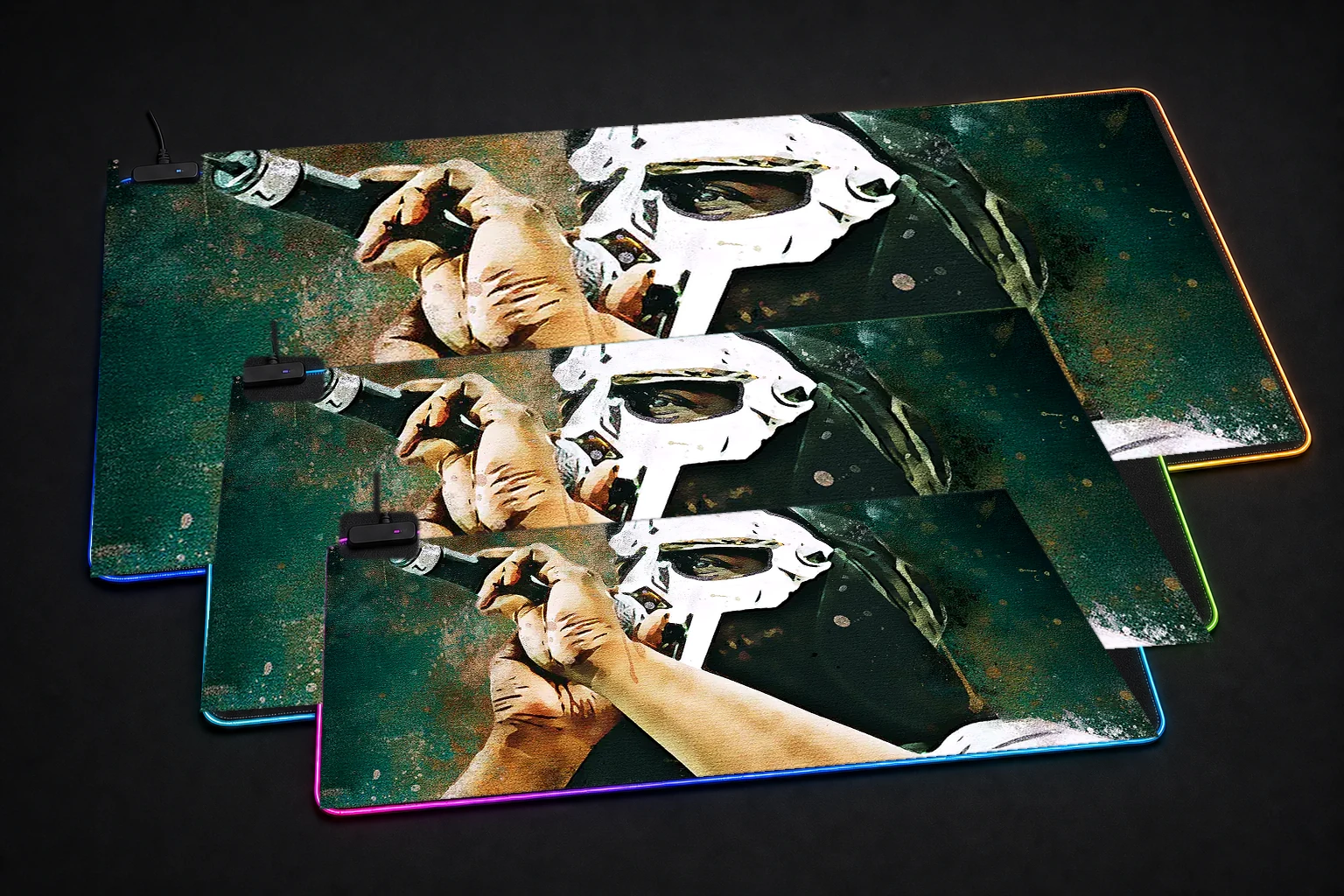 Splatter in Mask Music RGB Desk Mat three-size comparison