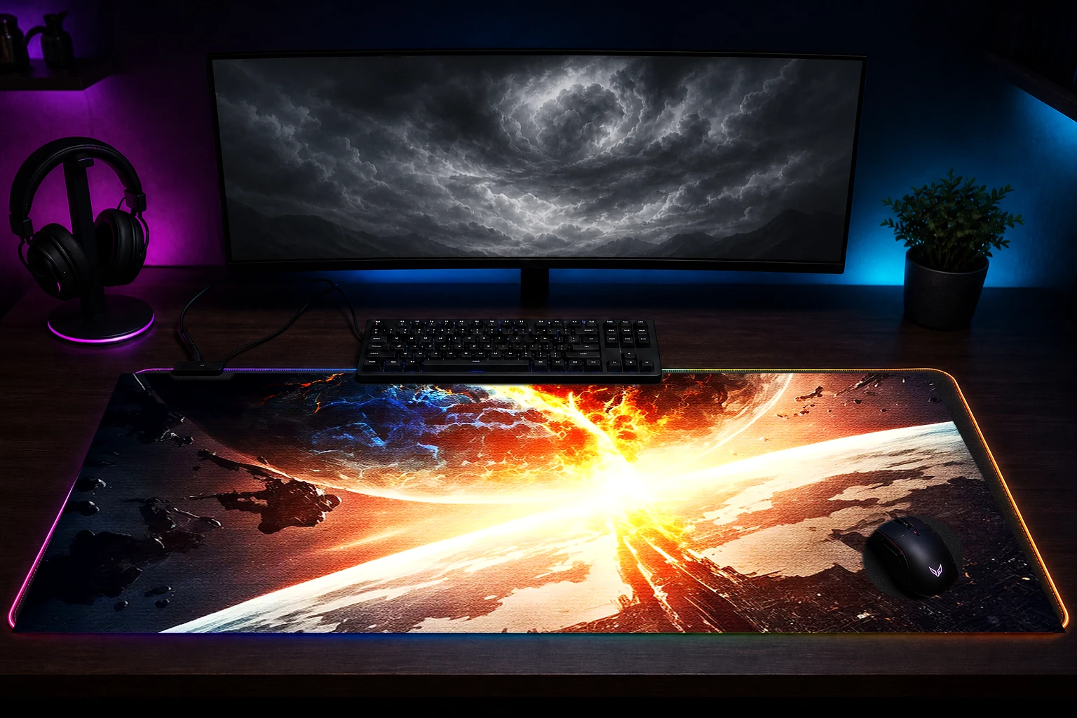 Shattered Solar System RGB Desk Mat immersive setup scene