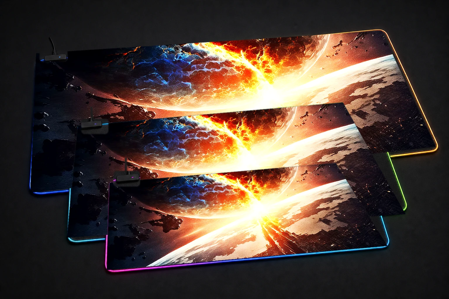 Shattered Solar System RGB Desk Mat three-size comparison