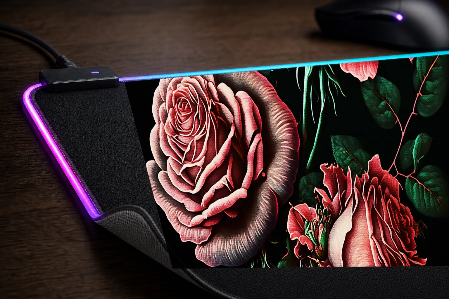Pink Roses RGB Desk Mat controller and material detail