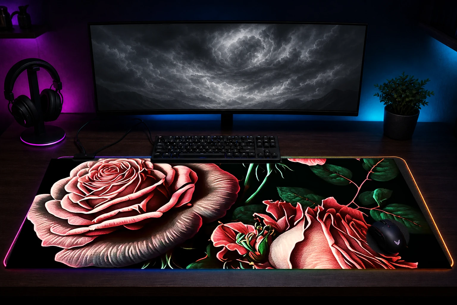 Pink Roses RGB Desk Mat immersive setup scene