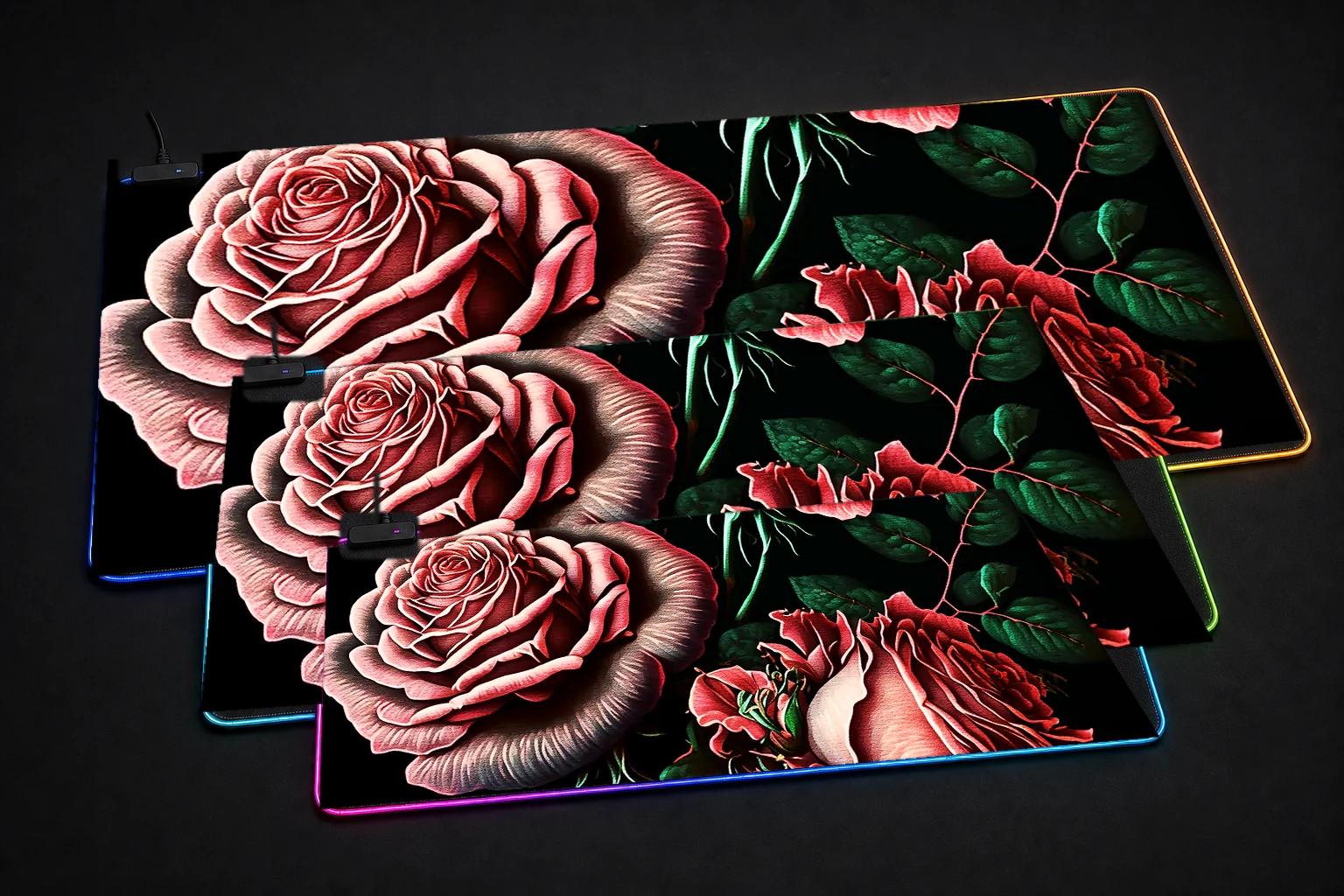 Pink Roses RGB Desk Mat three-size comparison