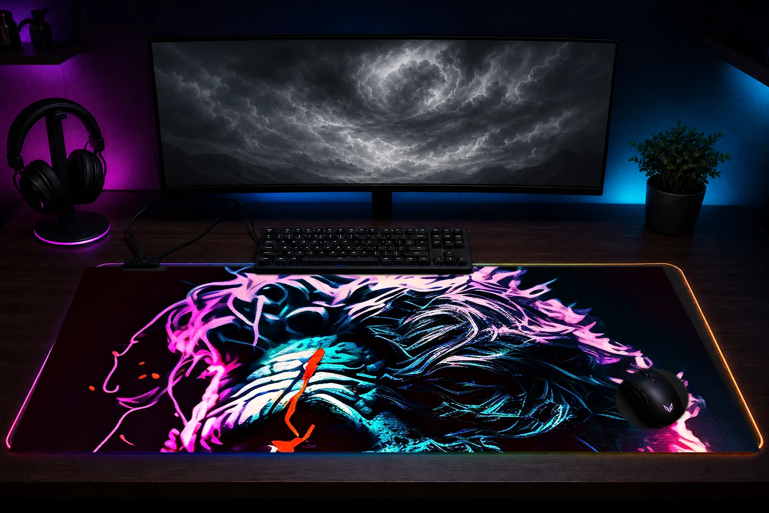 Neon Character Art RGB Desk Mat immersive setup scene