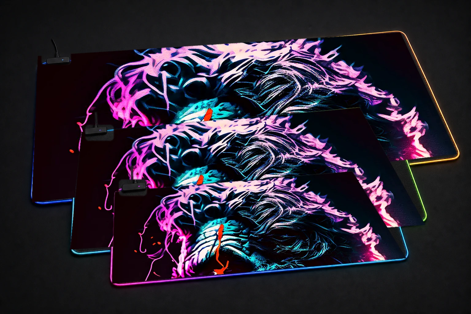 Neon Character Art RGB Desk Mat three-size comparison
