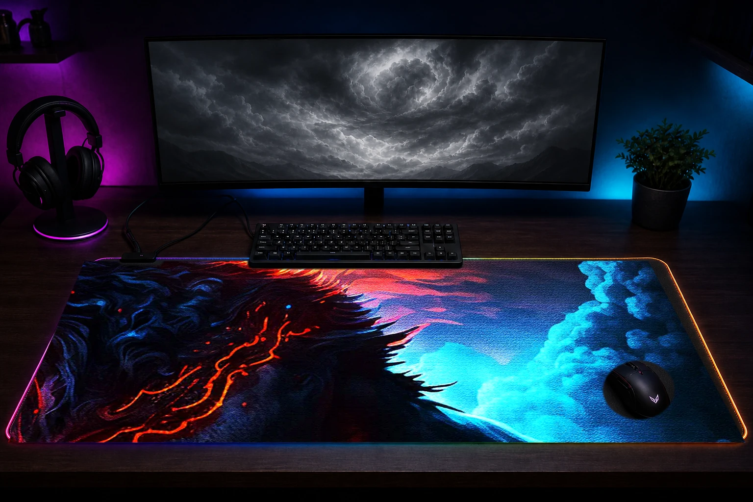 Ghost Wolf RGB Desk Mat immersive setup scene