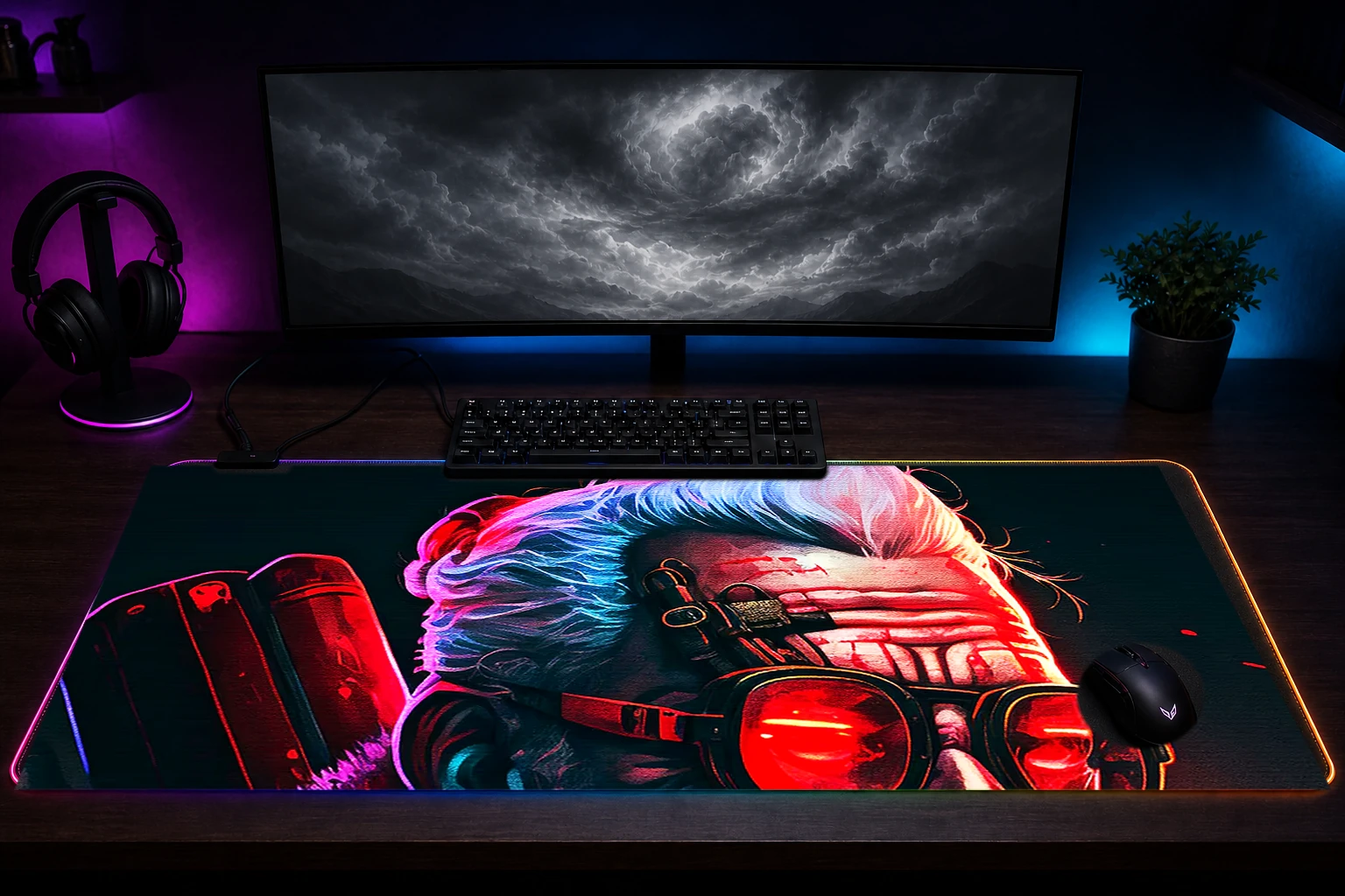 Santa claus neon punk RGB Desk Mat immersive setup scene