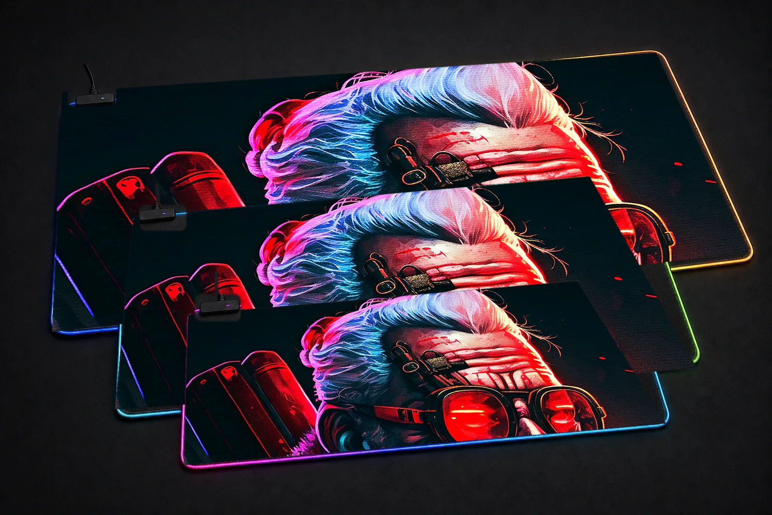 Santa claus neon punk RGB Desk Mat three-size comparison