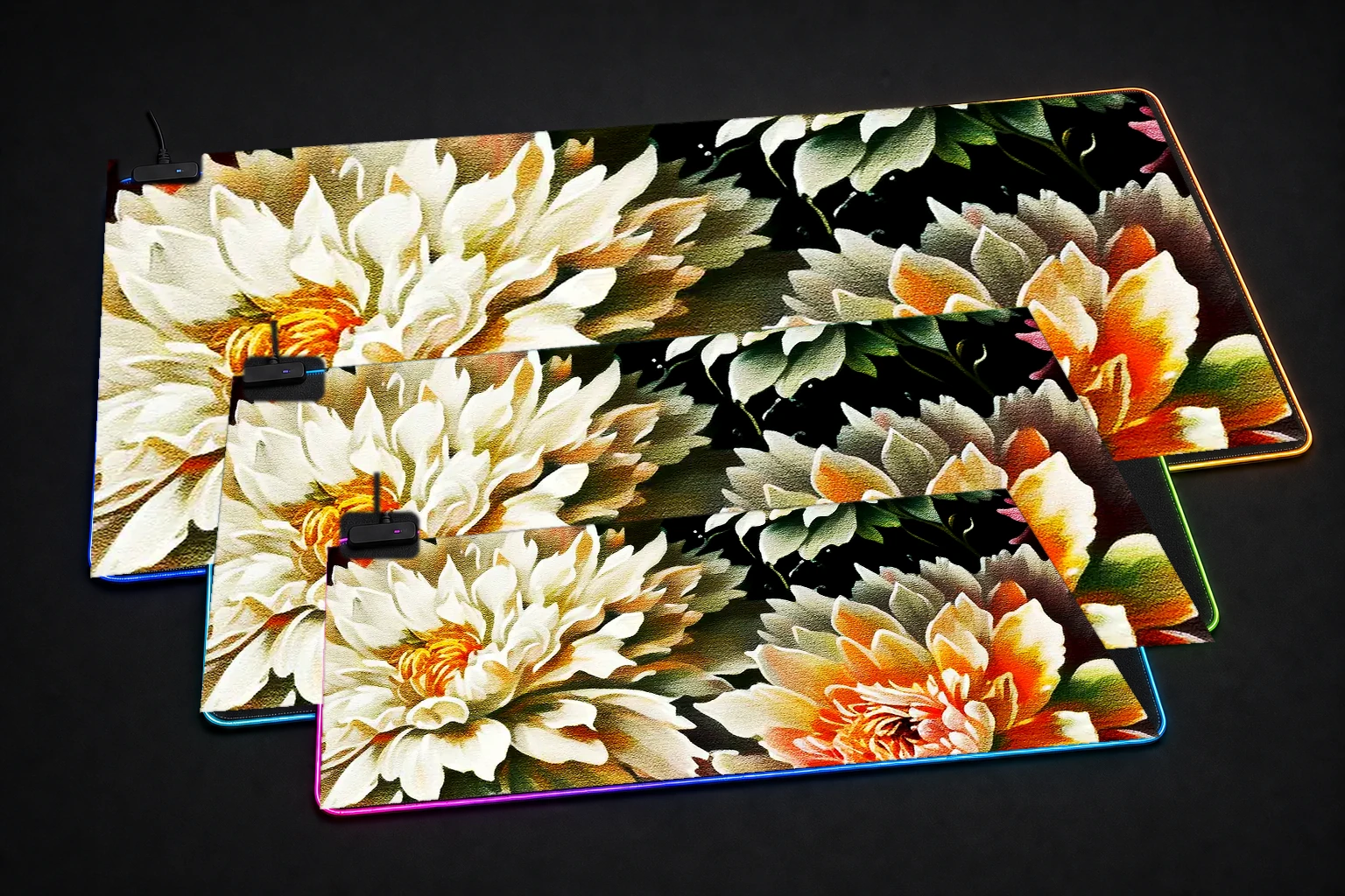 Paint Flower Decoration RGB Desk Mat three-size comparison