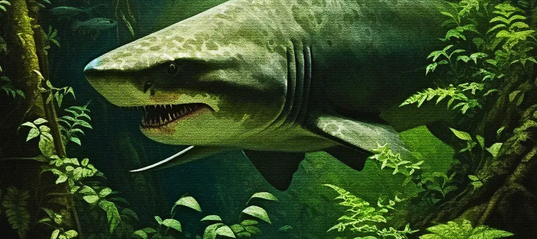 Shark hunter in jungle RGB Desk Mat full-width design preview