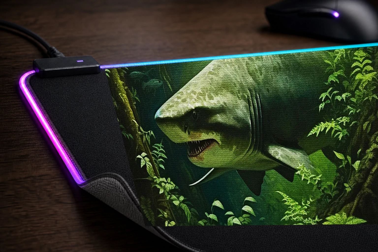 Shark hunter in jungle RGB Desk Mat controller and material detail