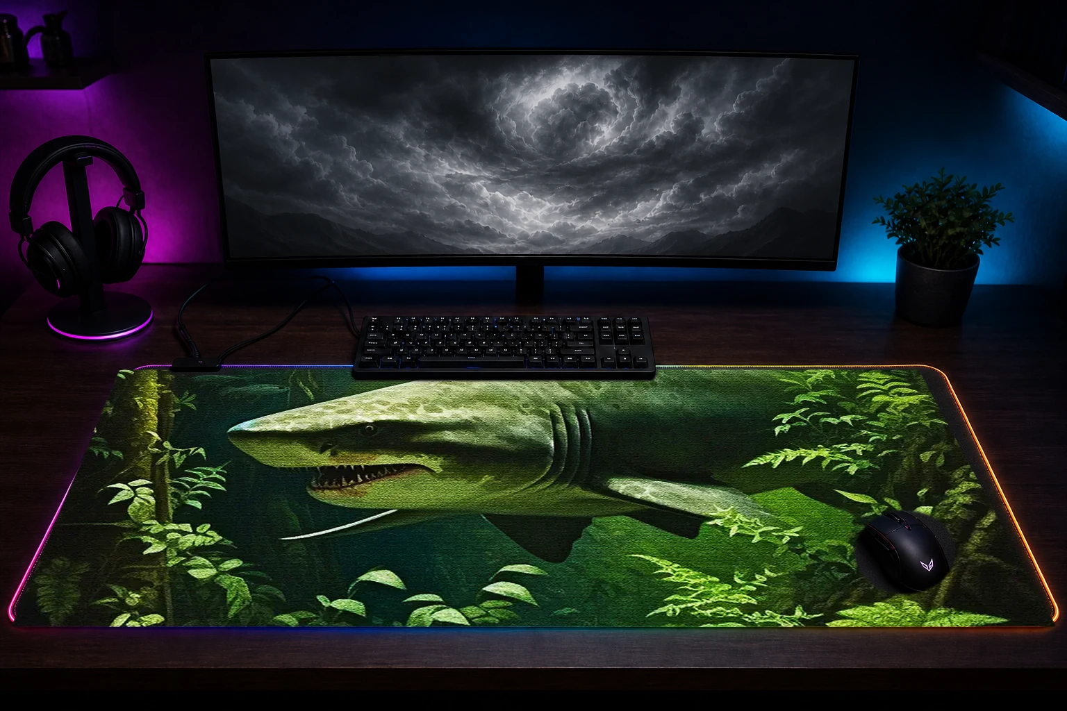 Shark hunter in jungle RGB Desk Mat immersive setup scene