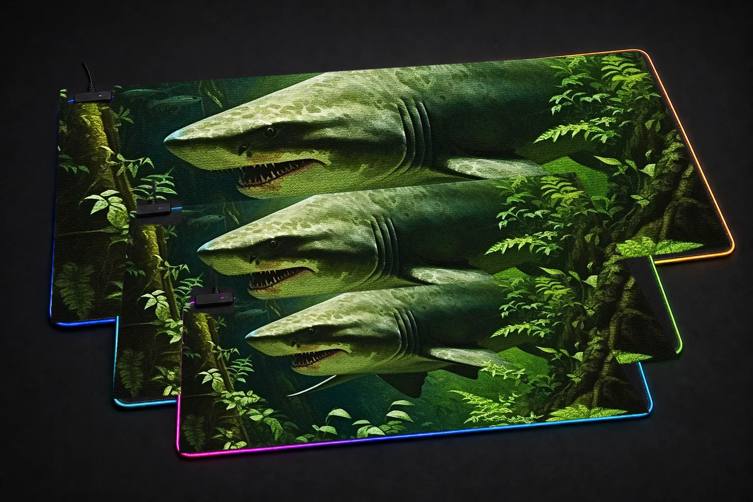 Shark hunter in jungle RGB Desk Mat three-size comparison