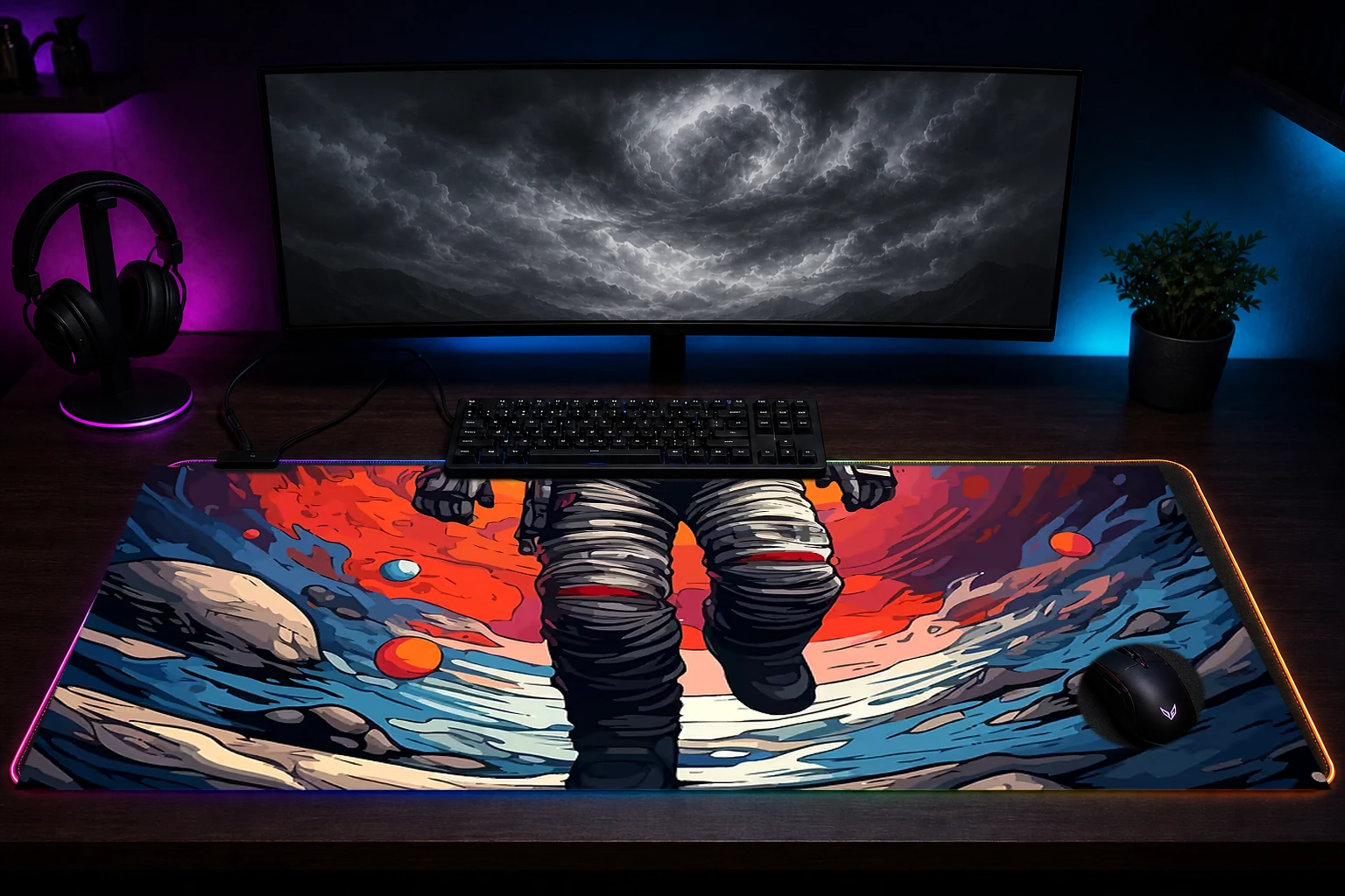 Colorful Spaceman RGB Desk Mat immersive setup scene